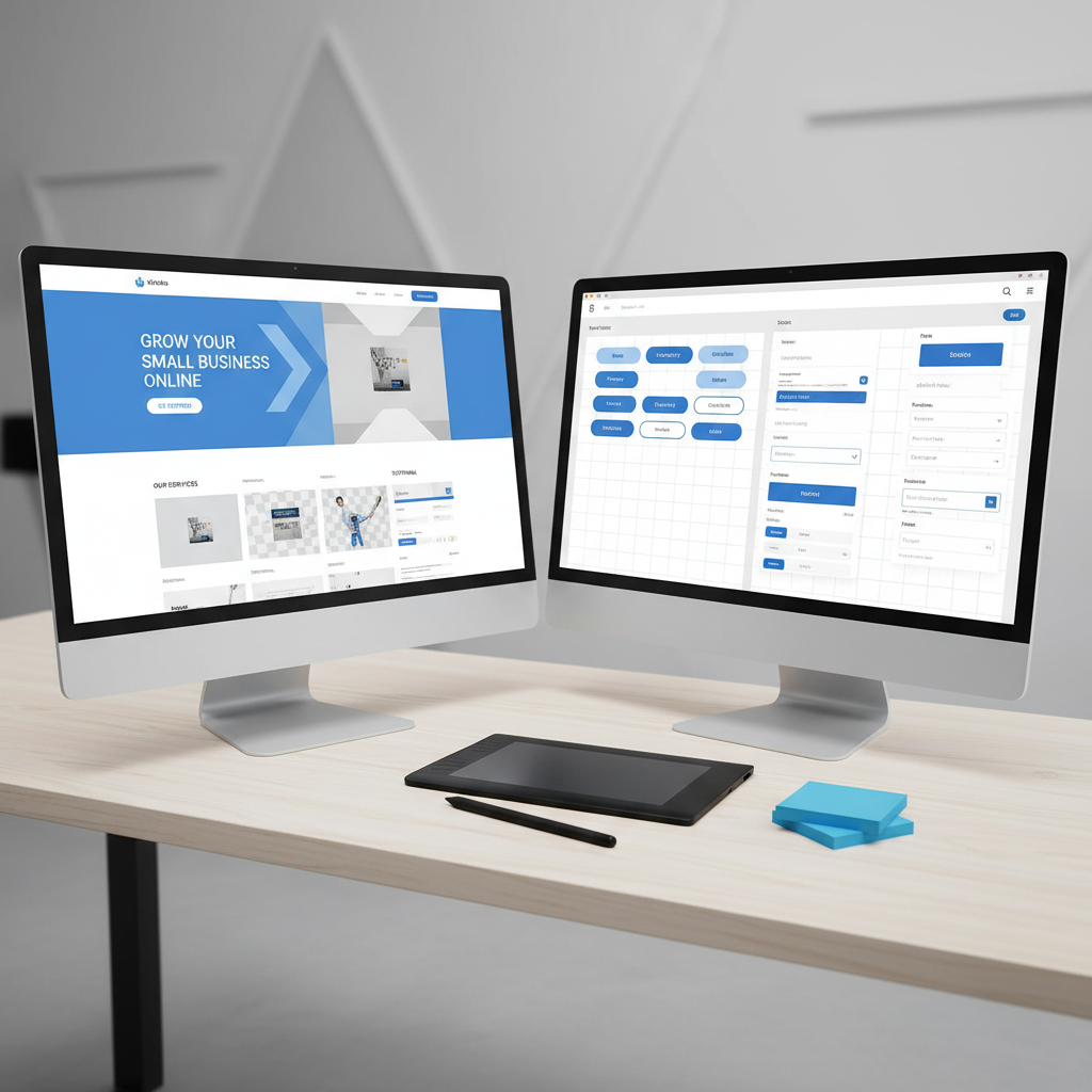 A clean, modern dual-monitor setup on a pale wood desk, with one monitor displaying a pixel-perfect homepage mockup in cool blues and whites, and the other showing a grid of components from a design system: buttons, navigation bars, and form fields. Between the monitors lies a thin graphics tablet with a stylus, and several neatly stacked blue sticky notes. The background fades into a softly blurred light gray wall. Soft, even studio lighting emphasizes the screens without harsh glare. Photographic realism with an eye-level, slightly wide composition and sharp focus, conveying a meticulous, system-driven approach to web design, emphasizing consistency, scalability, and professional craft tailored for small business websites.