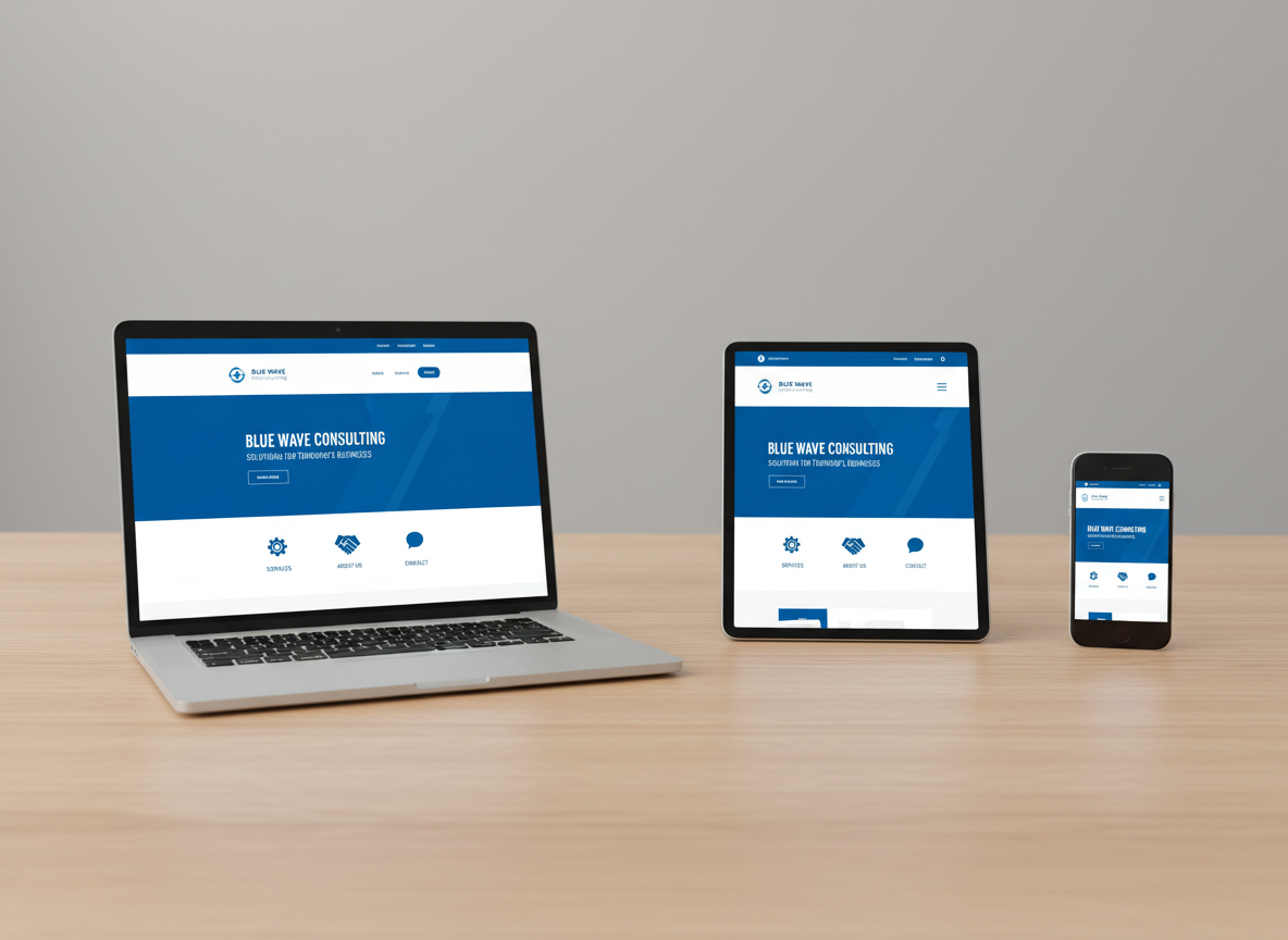 A row of three modern devices—a slim laptop, a tablet in portrait orientation, and a smartphone—each displaying the same small business website in a fully responsive layout. The interfaces feature bold blue accents, spacious white backgrounds, and clear navigation menus. The devices are aligned on a light oak desk with a subtle grain texture, against a softly blurred background of a neutral studio wall. Soft studio lighting washes the scene in balanced, shadow-free illumination, highlighting screen details without glare. Photographic realism with a slightly elevated angle and sharp focus throughout, conveying precision, consistency, and mobile-friendly design. The mood is professional and reassuring, emphasizing cross-device compatibility and modern web standards for small business clients.
