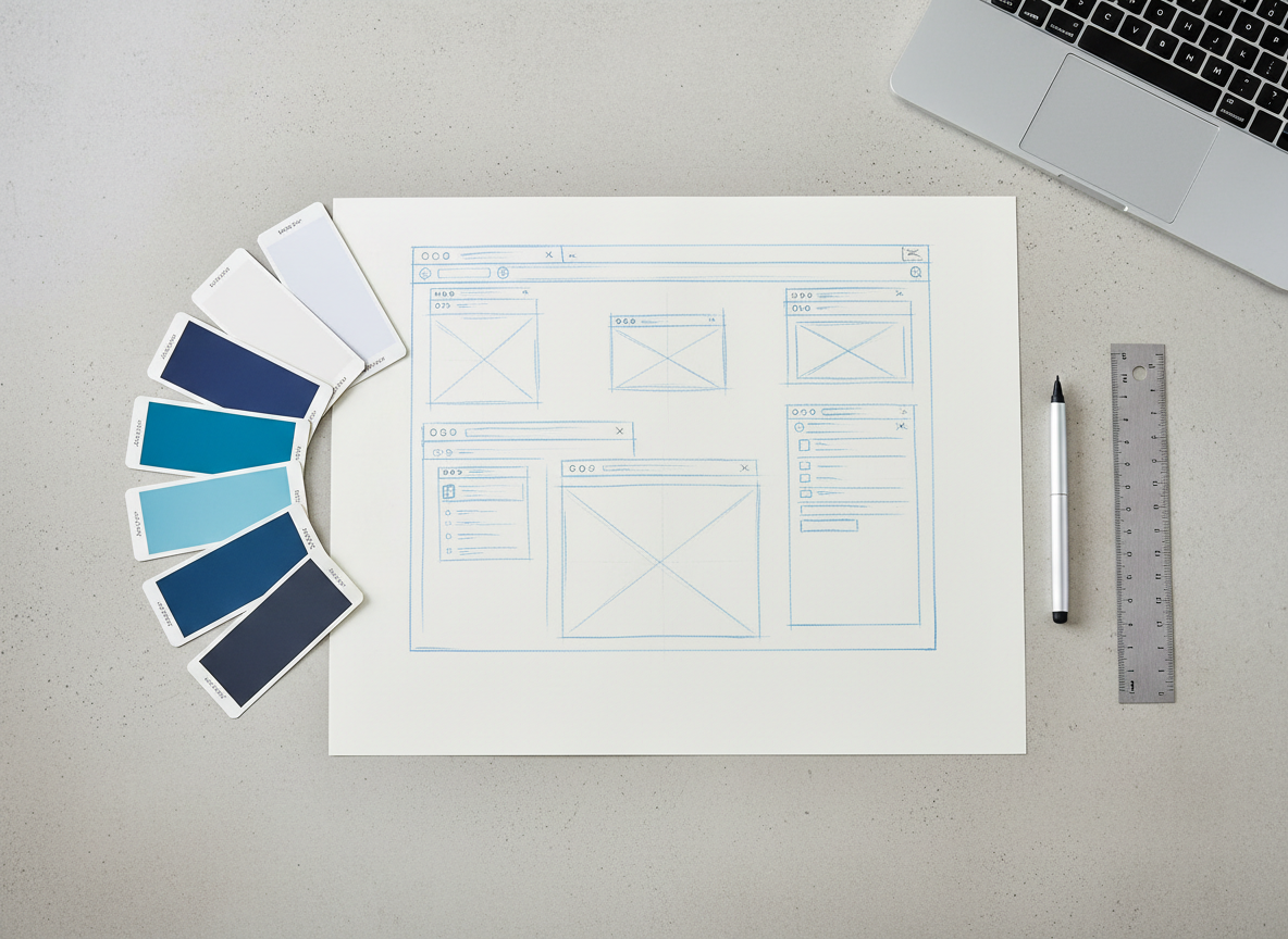 A close-up, overhead view of a designer’s organized workspace centered around a large sheet of paper with neatly sketched website wireframes in blue and graphite pencil. Surrounding the paper are color swatch cards emphasizing blues and cool neutrals, a fine-tip pen, a metal ruler, and a slim silver laptop partially visible with a blank, dark screen. The desk surface is a clean, light concrete texture that feels modern and minimal. Soft, diffused daylight from above creates minimal shadows and clear visibility of all details. Photographic realism with a top-down composition and sharp focus across the frame, creating a thoughtful, methodical mood that highlights planning, structure, and transparent, professional web design processes.