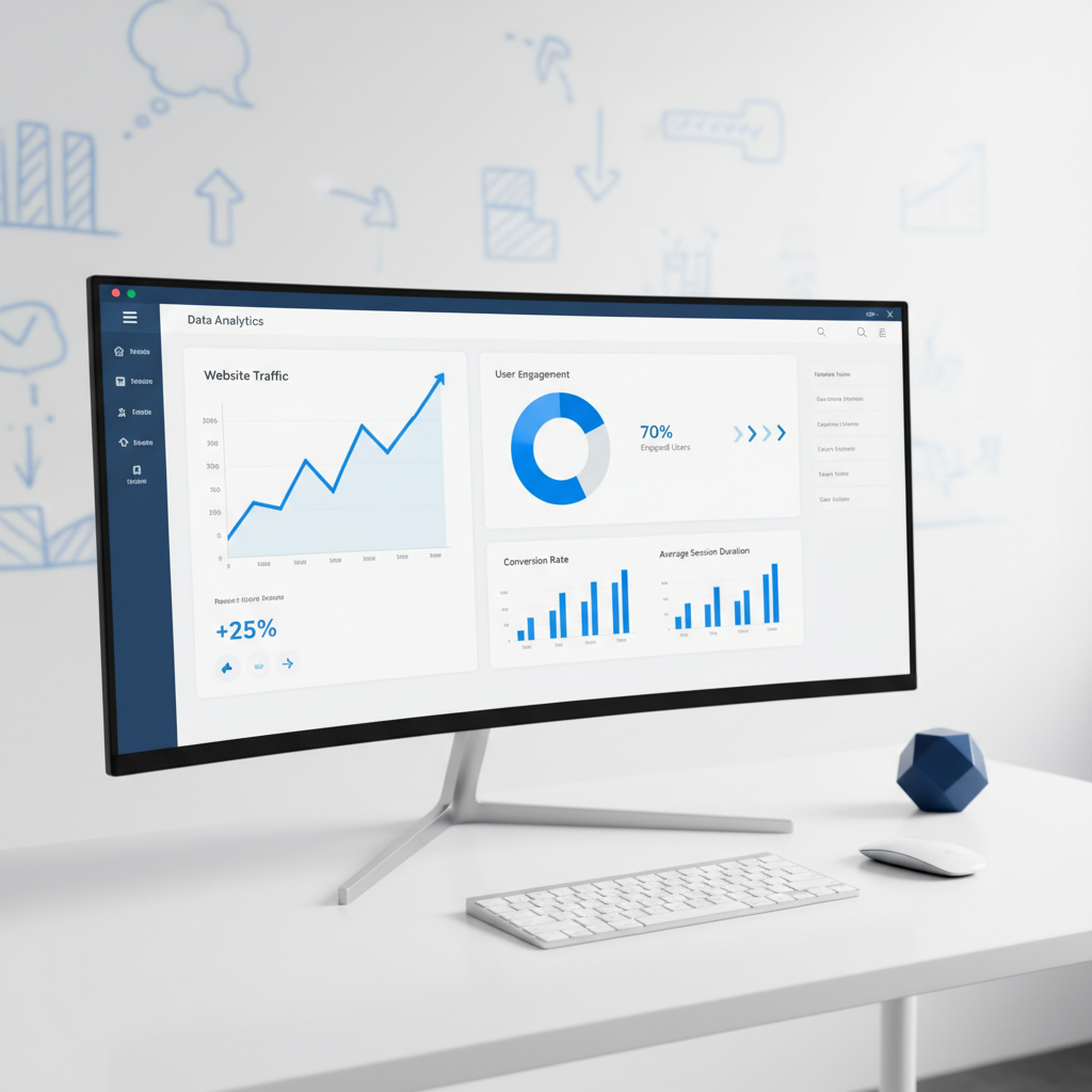 A large, ultra-wide monitor on a minimalist white desk displaying an analytics dashboard for a small business website, with charts, graphs, and upward-trending blue lines indicating growth in traffic and engagement. Beside the monitor sits a slim wireless keyboard, a matching mouse, and a small geometric blue desk accessory. The background features a faintly visible whiteboard wall with blurred icons and arrows sketched in pale blue marker. Bright but soft studio lighting illuminates the scene evenly, with subtle reflections on the monitor’s bezel. Photographic realism with a centered, slightly elevated composition and moderate depth of field, creating a confident, data-driven atmosphere that reinforces the value and results of professional, modern web design for small businesses.